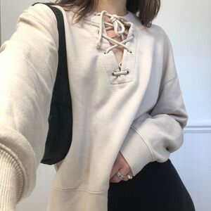 Cream nude lace up hoodie sweatshirt